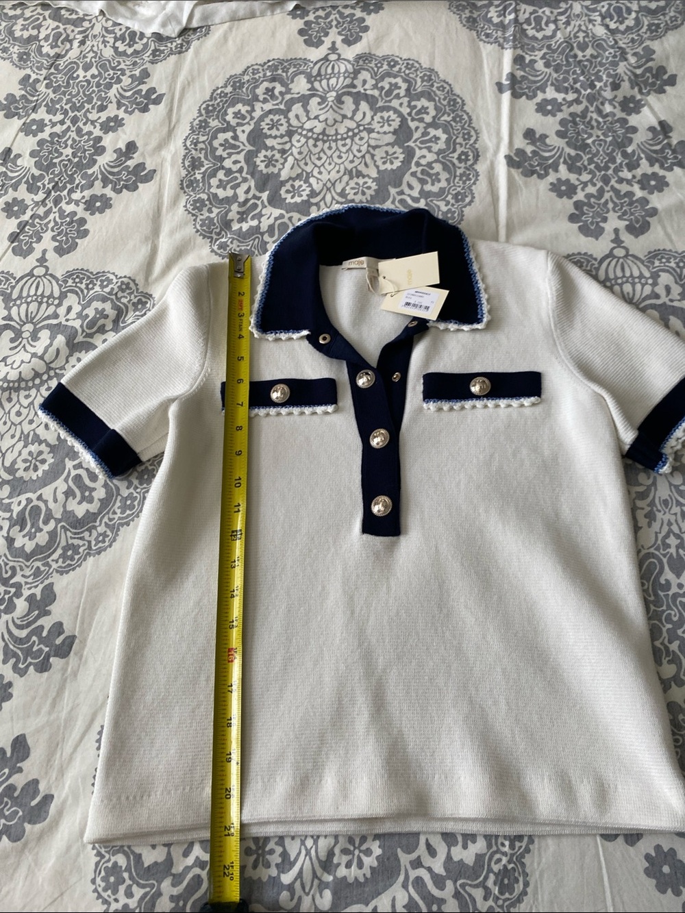 Maje White Short-Sleeve Polo with Navy Trim